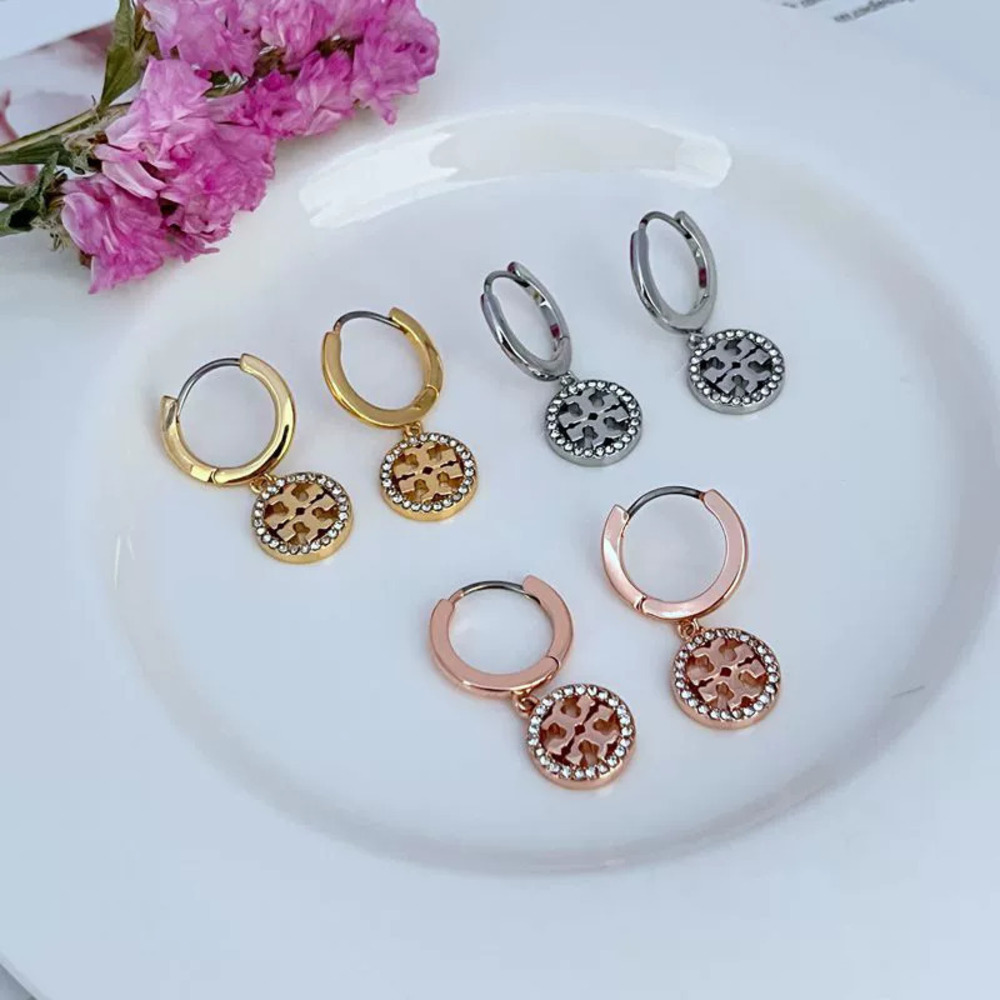 Tory Burch Crystal Hollow Letter Metal Earrings
